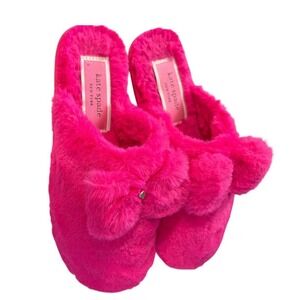 Kate Spade Slippers Women Size 8 Pink Faux Fur Bow Fuzzy House Shoes Slip On